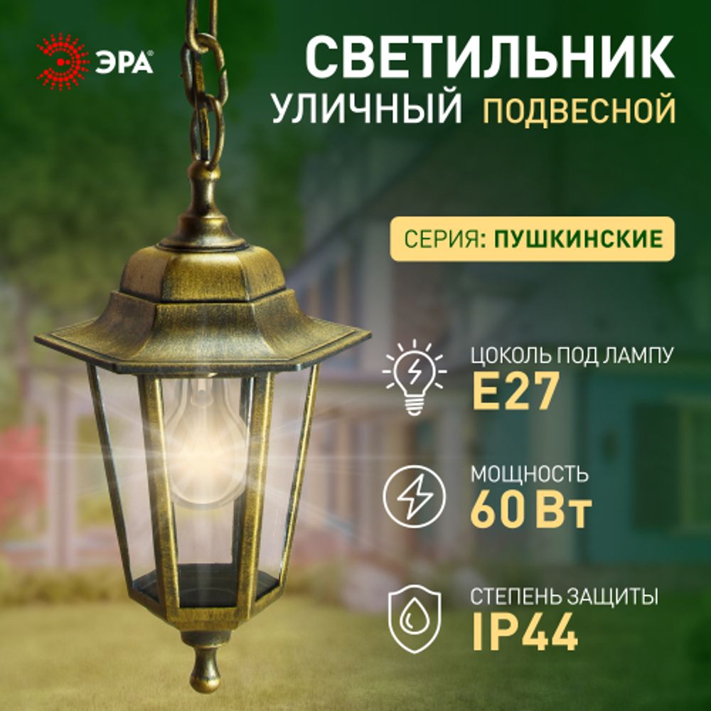 Садово-парковый светильник ЭРА НСУ 06-60-001 бронза 6 гранный подвесной IP44 Е27 max60Вт | Садово-парковые светильники
