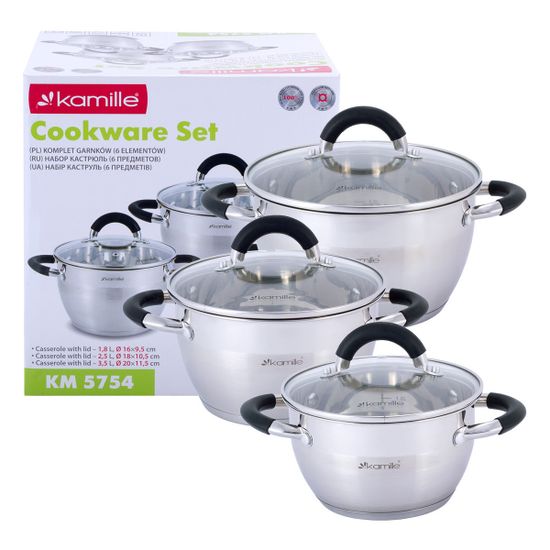 Набор кастрюль 6 предметов из нержавеющей стали Kamille KM 5754 (1,8 л; 2,5 л; 3,5 л) с силиконовыми вставками на ручках