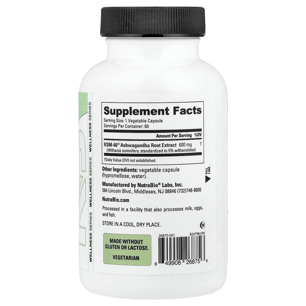 NutraBio, KSM-66®, ашваганда, 60 капсул (600 мг в 1 капсуле)