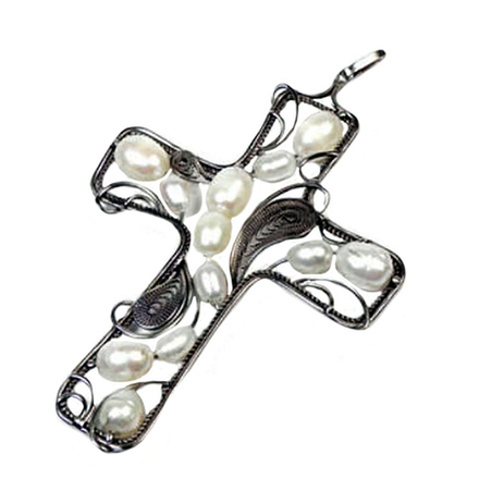 Кулон "Крест" жемчуг белый, скань асс.