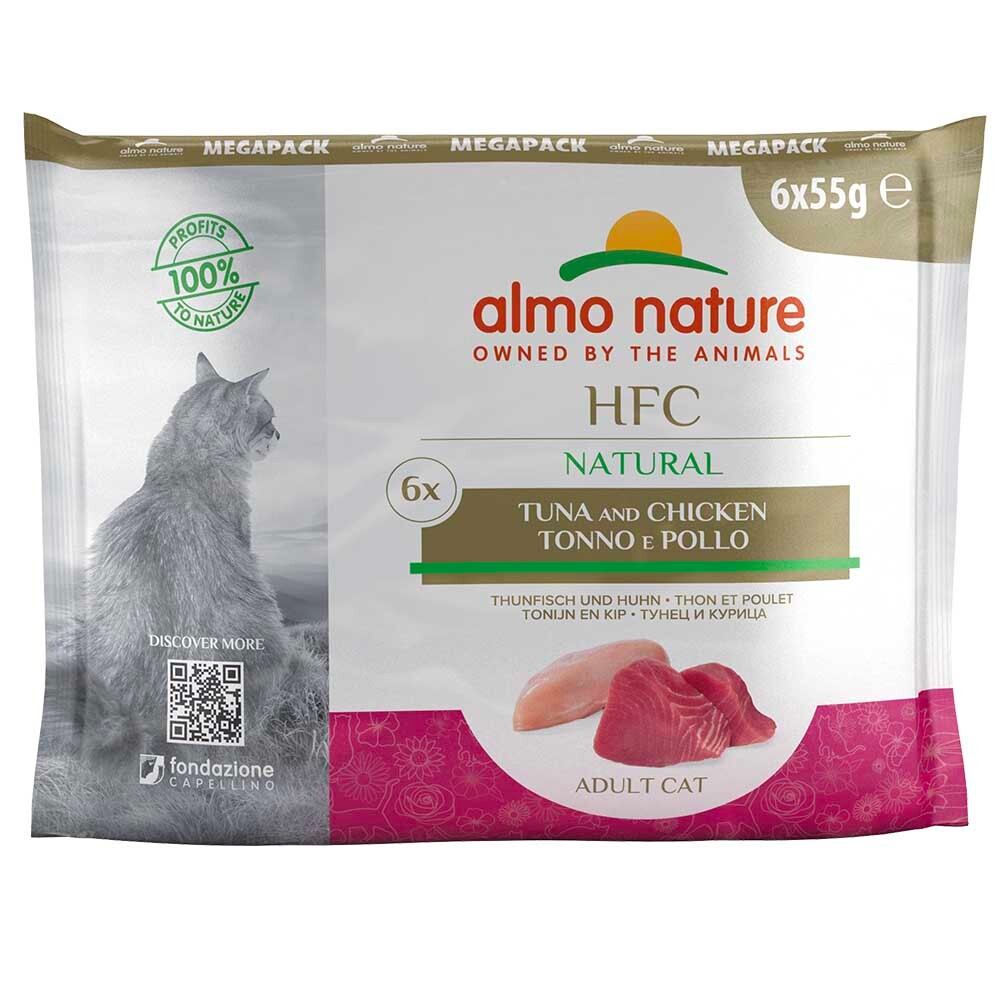 Almo Nature консервы для кошек "HFC Natural" с тунцом и курицей (50% мяса) 6 штук по 55 г набор пакетиков