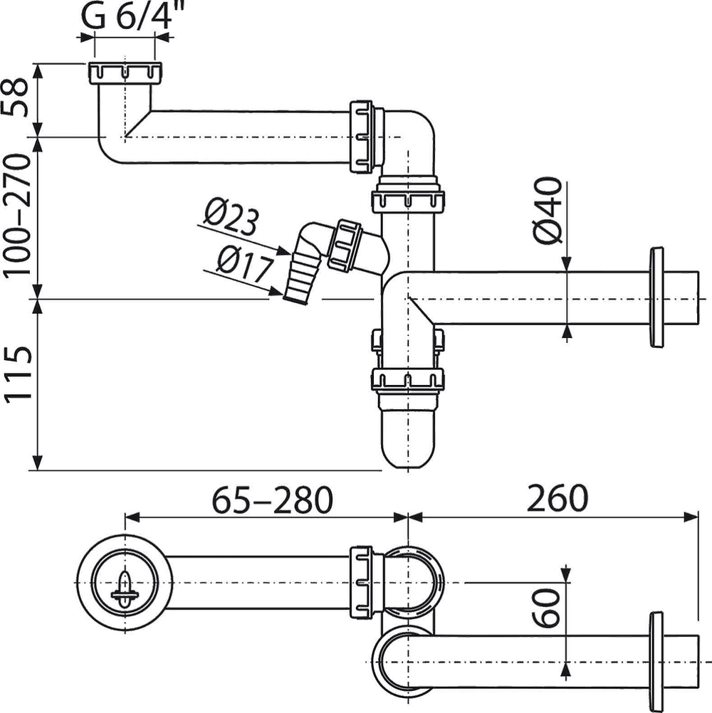 Сифон A872P для мойки экономящий пространство со штуцером и с накидной гайкой 6/4"