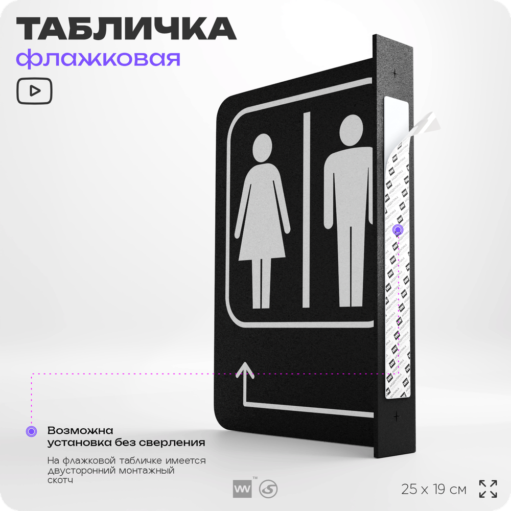 Табличка "Туалет налево и направо" флажковая на стену, двусторонняя с крепежом, 19 х 25 см, для офиса, кафе, ресторана, серия COSMO, Айдентика Технолоджи