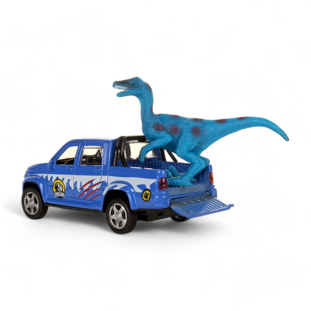 Модель ин. мет. "УАЗ Pickup снежный" 12см.двери, багаж, динозавр, коробка PICKUP-12SNOW-DINO (Технопарк)
