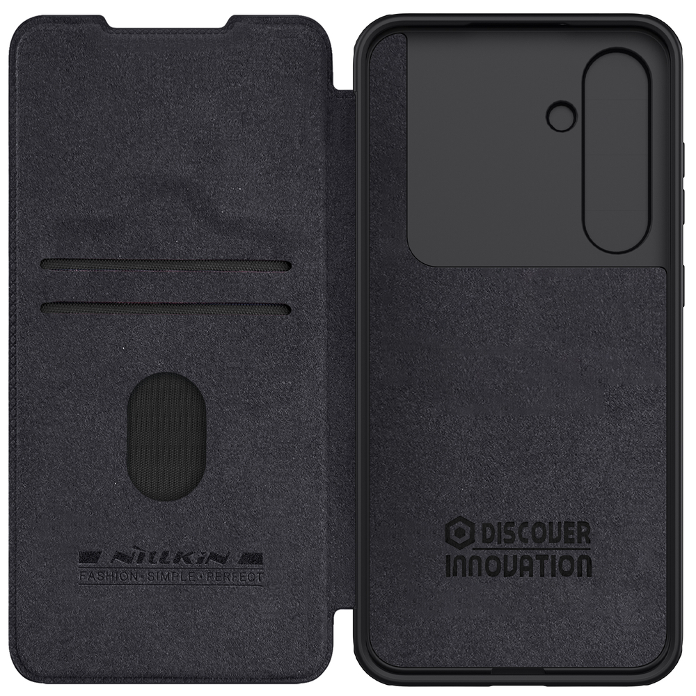 Кожаный чехол книжка черного цвета от Nillkin для Samsung Galaxy S24 FE, серия Qin Pro Leather с защитной шторкой для камеры
