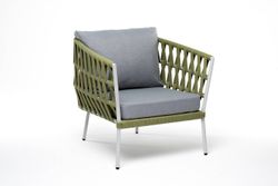 "Диего" кресло плетеное из роупа, каркас алюминий светло-серый (RAL7035) муар, роуп салатовый меланж круглый, ткань светло-серая