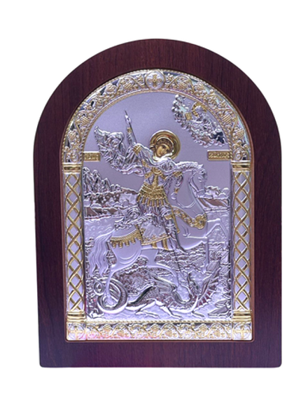 Икона Георгий Победоносец: арочная 10х14 серебрение A-3, красное дерево (Греция)