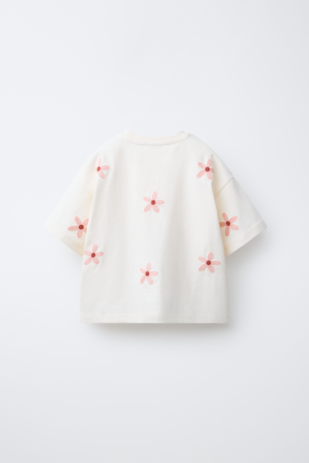 ZARA ФУТБОЛКА С ВЫШИТЫМИ ЦВЕТАМИ, ЭКРЮ