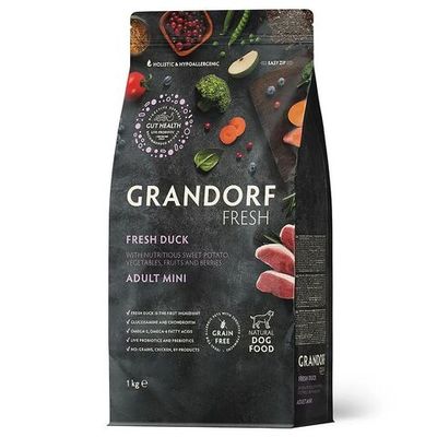 Беззерновой корм с живыми пробиотиками GRANDORF Fresh Dog Adult MINI Duck & Sweet Potato для собак мелких пород с уткой и бататом, Пакет 1 кг