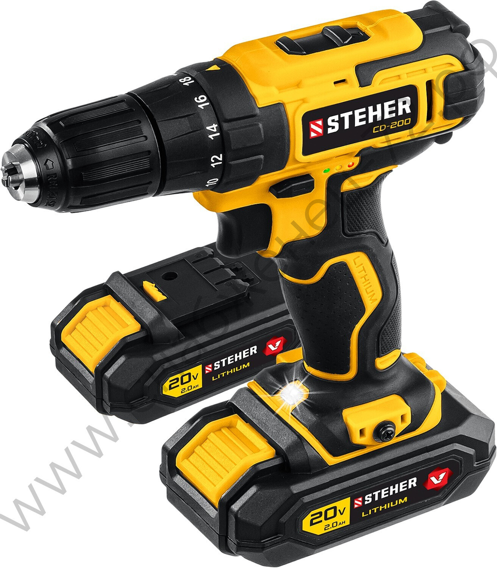 STEHER V1, 20 В, 40 Н·м, 2 АКБ (2 А·ч), дрель-шуруповерт, кейс (CD-200-2)
