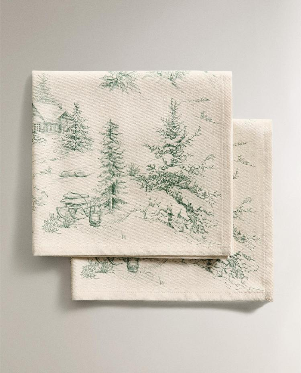 ZARA HOME НАБОР ЛЬНЯНЫХ РОЖДЕСТВЕНСКИХ САЛФЕТОК С ПРИНТОМ (2 ШТ.), ЗЕЛЕНЫЙ