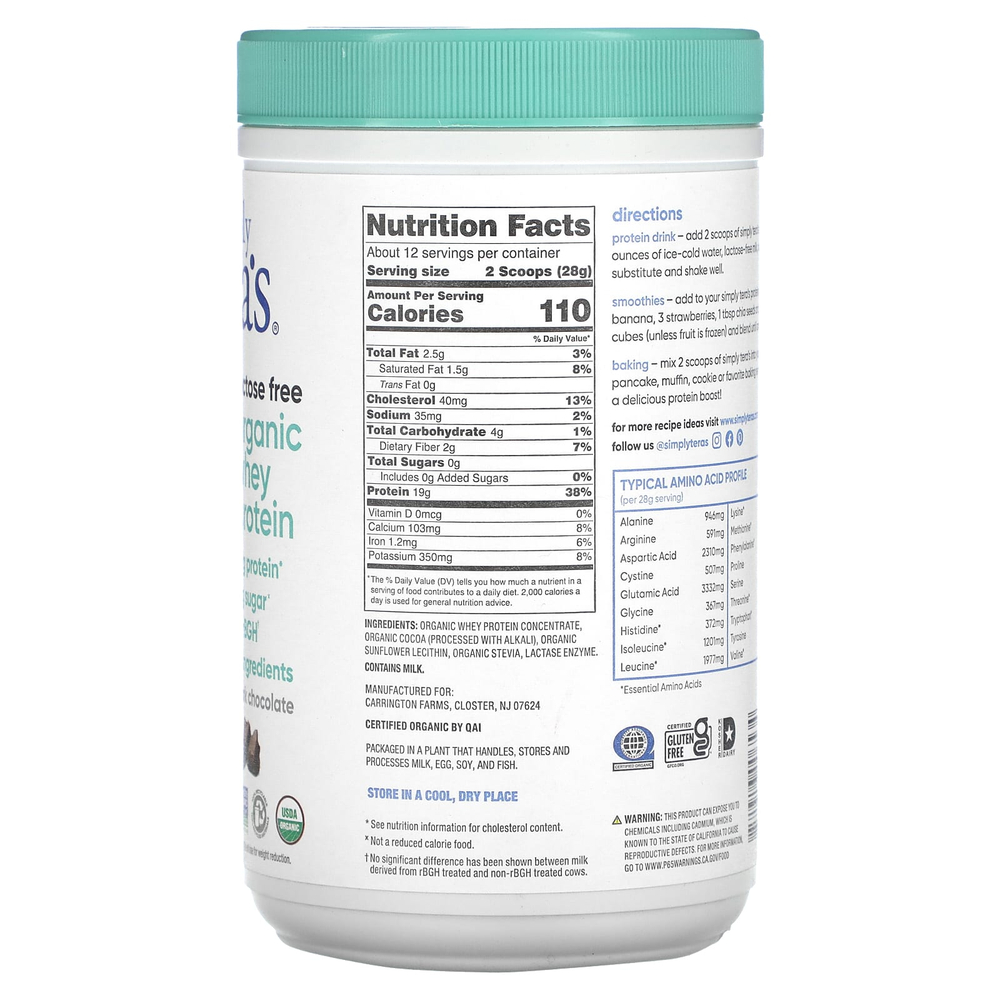 Simply Tera's, органический сывороточный протеин, без лактозы, темный шоколад, 340 г (12 унций)