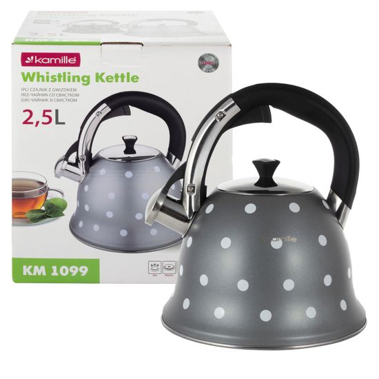 Чайник 2,5 л. из нержавеющей стали со свистком Kamille KM-1099 с рисунком "горошек"