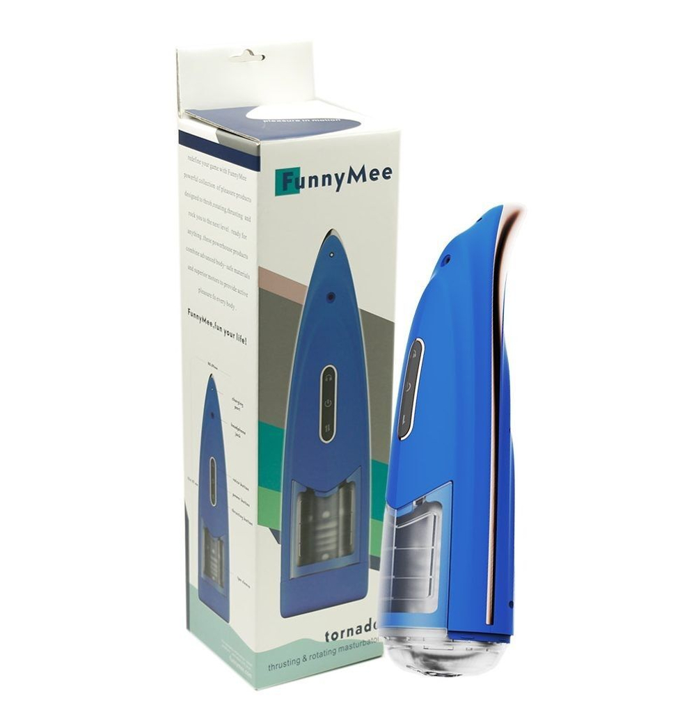 Синий мастурбатор с ротацией и аудиосопровождением