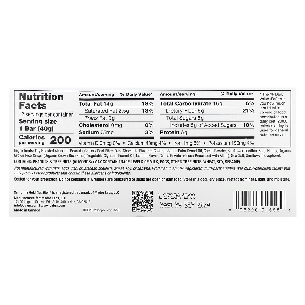 California Gold Nutrition, Foods, батончики со вкусом двойного шоколада и арахисовой пасты, 12 батончиков, по 40 г (1,4 унции)