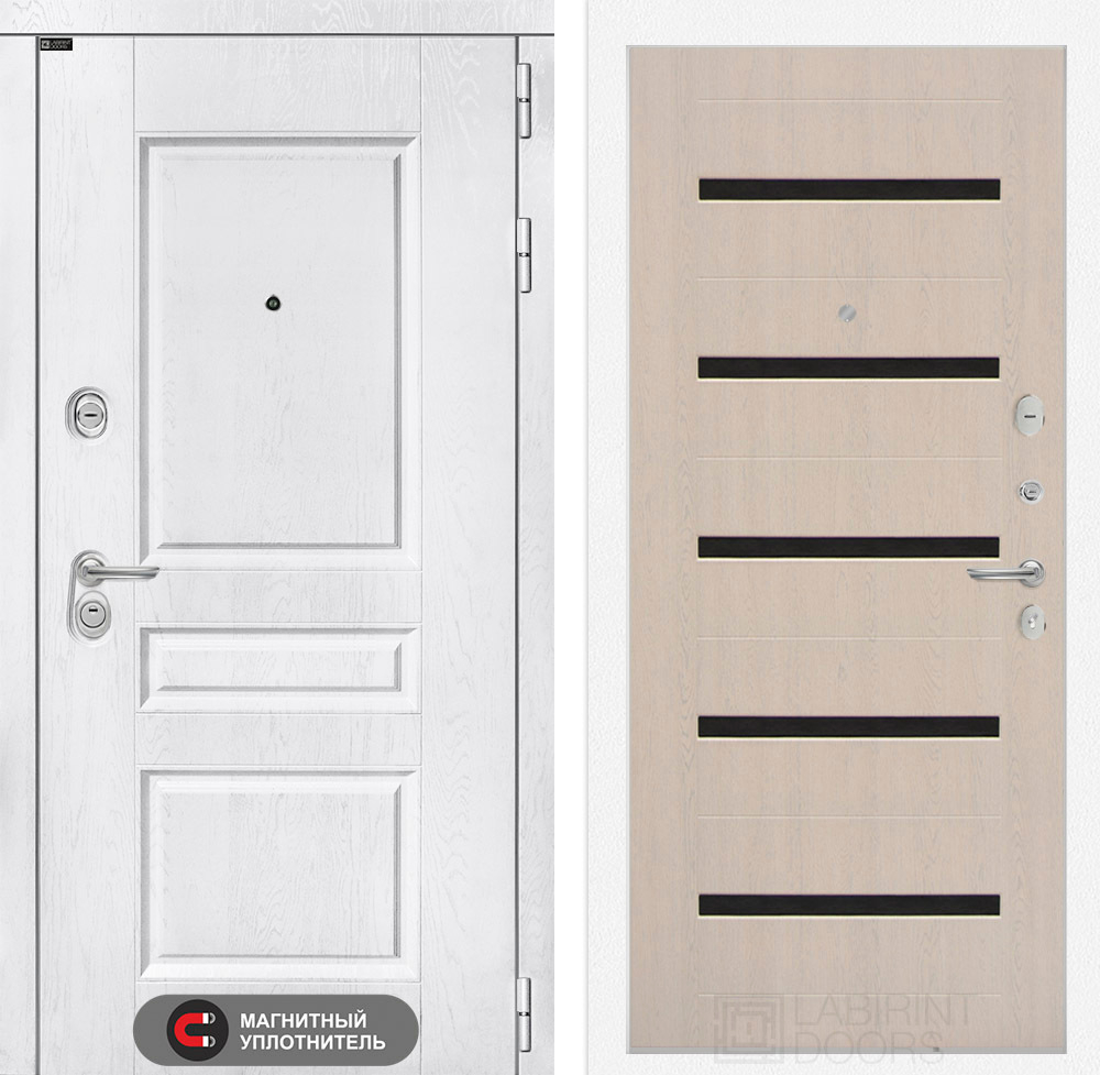 Дверь входная Лабиринт VERSAL 01 Беленый дуб, стекло черное металлическая