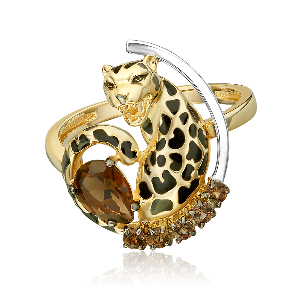 Кольцо «Леопард» из комбинированного золота с эмалью и кварцем дымчатым