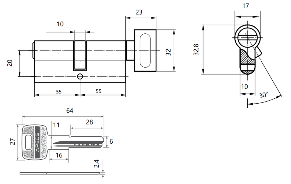 Цилиндровый механизм Apecs SM-90(35/55C)-C-NI