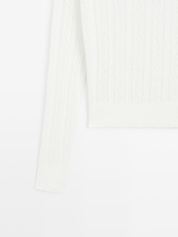 Massimo Dutti Трикотажный свитер из смесового хлопка с воротником поло, натуральный, кремовый