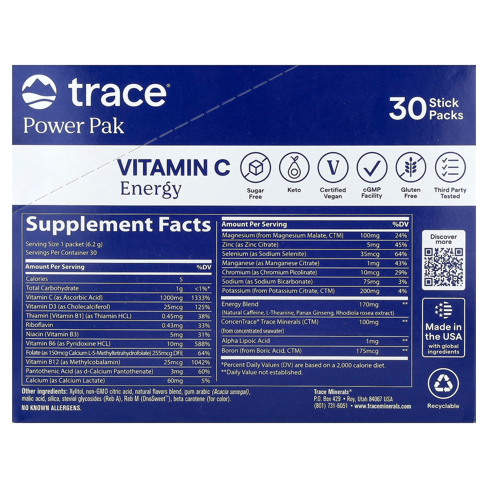 Trace, Power Pak, заряд энергии с витамином C, апельсин и манго, 30 стик-пакетов по 6,2 г (0,22 унции)