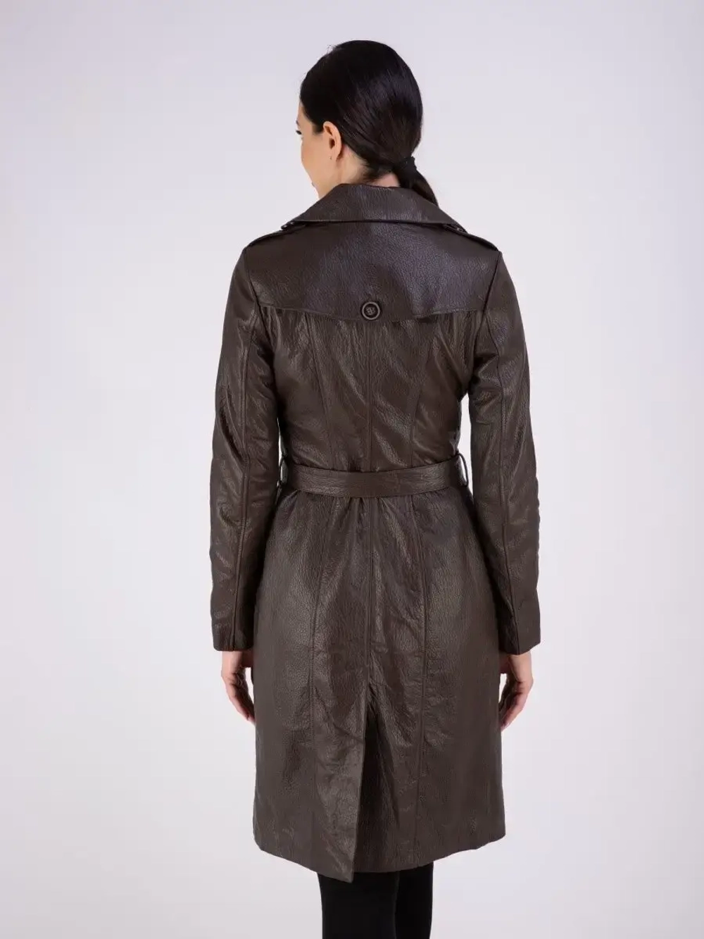 Тренч длинный кожаный с поясом плащ на весну
