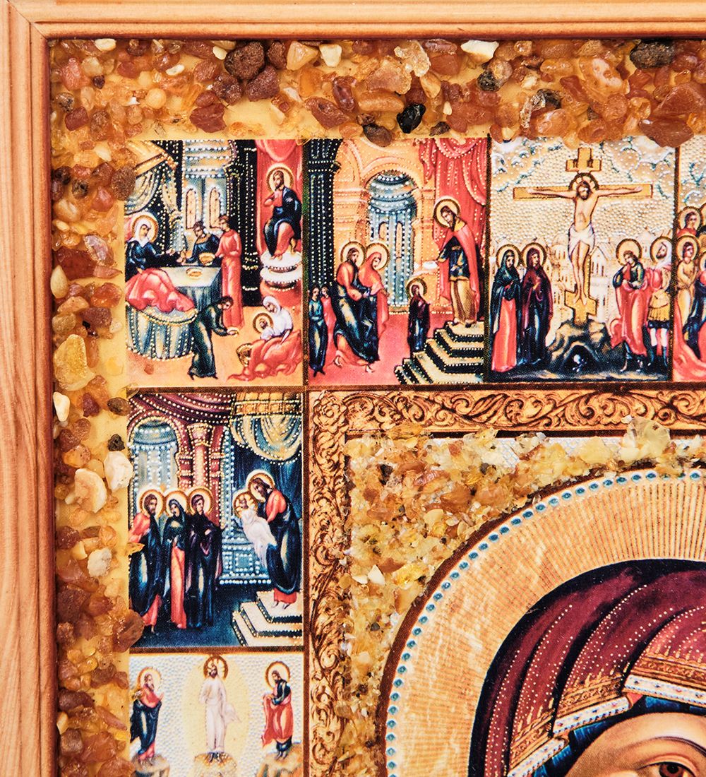 AMB-01/17 Икона «Казанская Божией Матери» (с янтарной крошкой) пласт.рамка H-37см