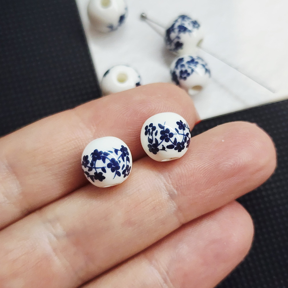 Бусины Гжель, керамические, темно - синие, р-р 10мм, штучно