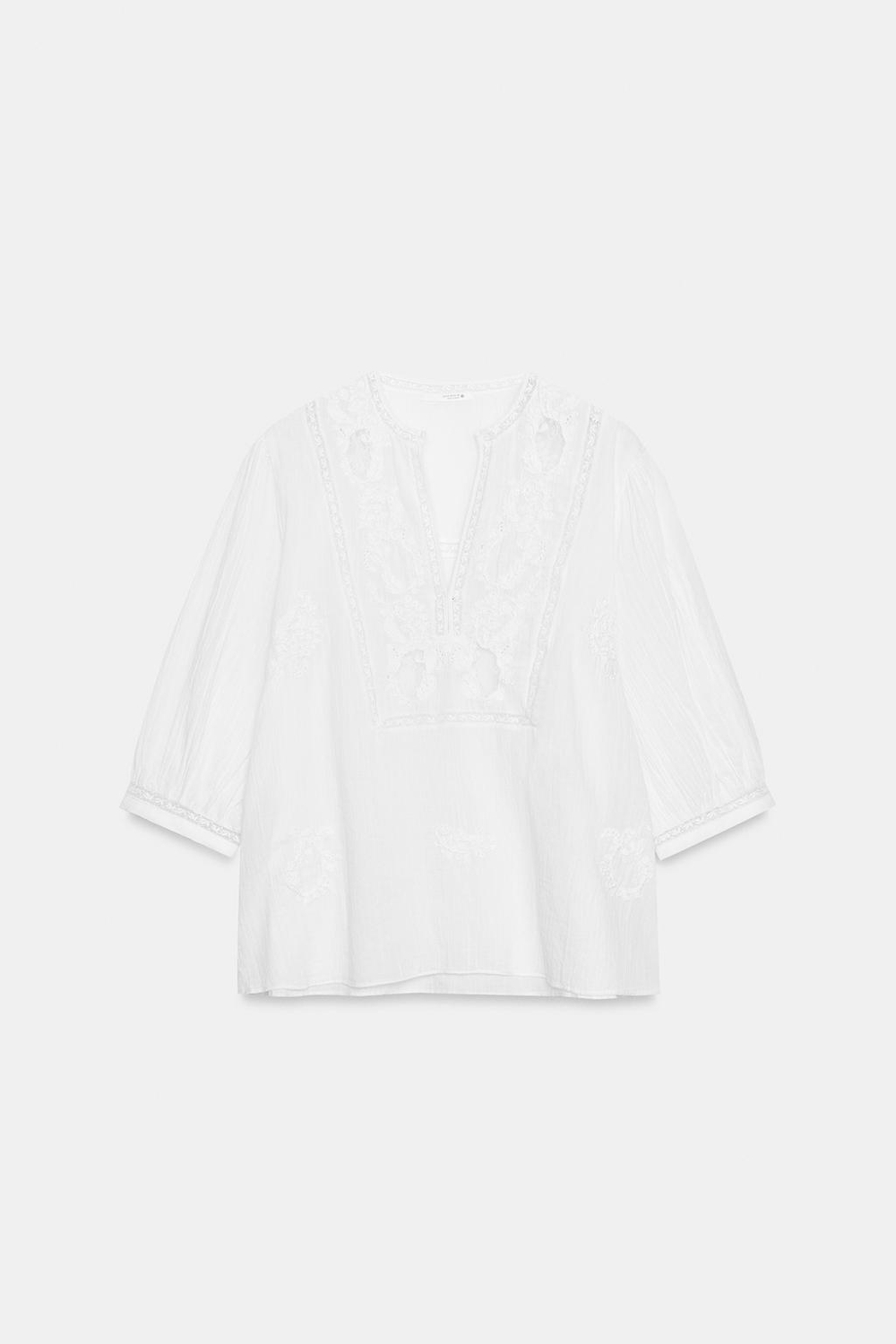 ZARA РУБАШКА С ВЫШИВКОЙ И КРУЖЕВОМ — ZW COLLECTION, БЕЛЫЙ
