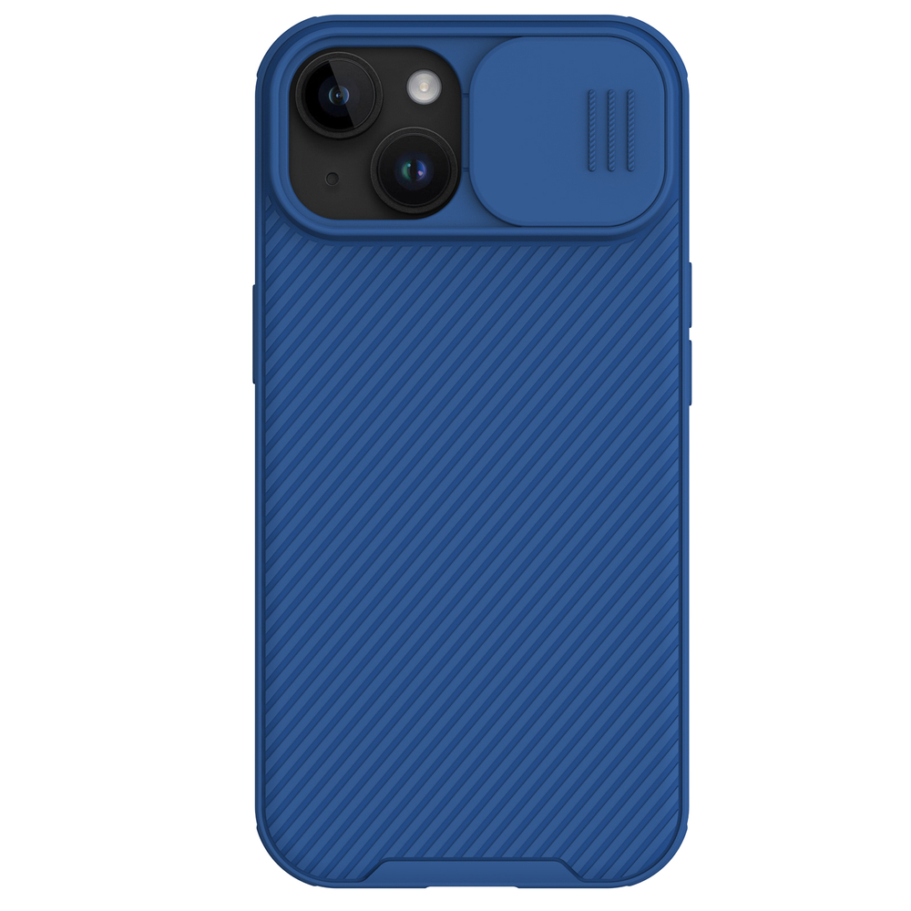 Чехол синего цвета от Nillkin с защитной шторкой для камеры на iPhone 15, серия CamShield Pro Case