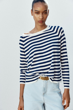 ZARA СВИТЕР ИЗ ТОНКОГО ТРИКОТАЖА В ПОЛОСКУ, ЭКРЮ/СИНИЙ