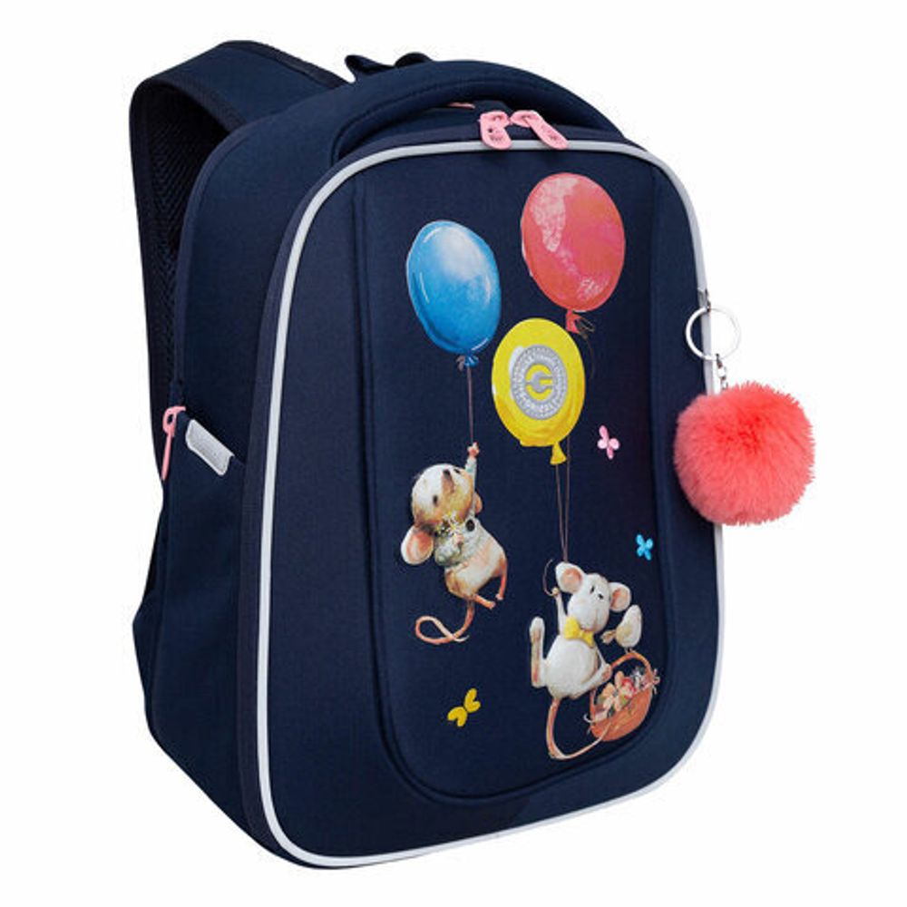 Ранец GRIZZLY анатомическая спинка, с брелоком, для девочек, "MICE", 36х29х18 см, RAf-392-3/3