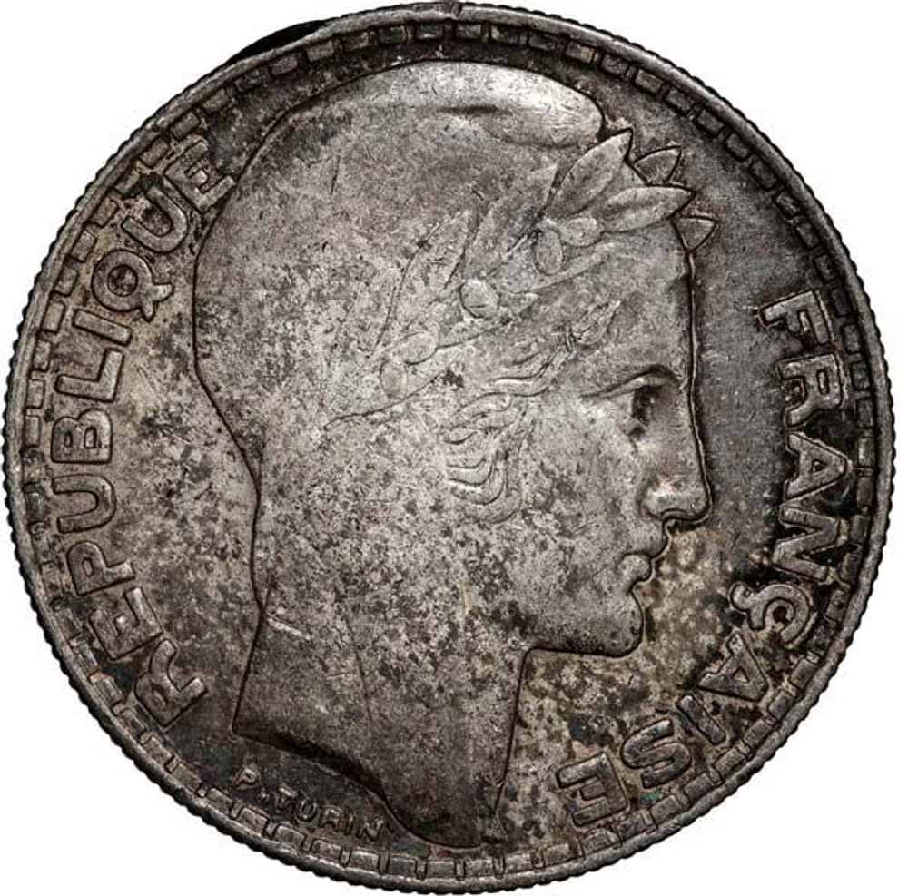 France, 20 Francs 1933 – "Turin" (Long Branches Variant), VF