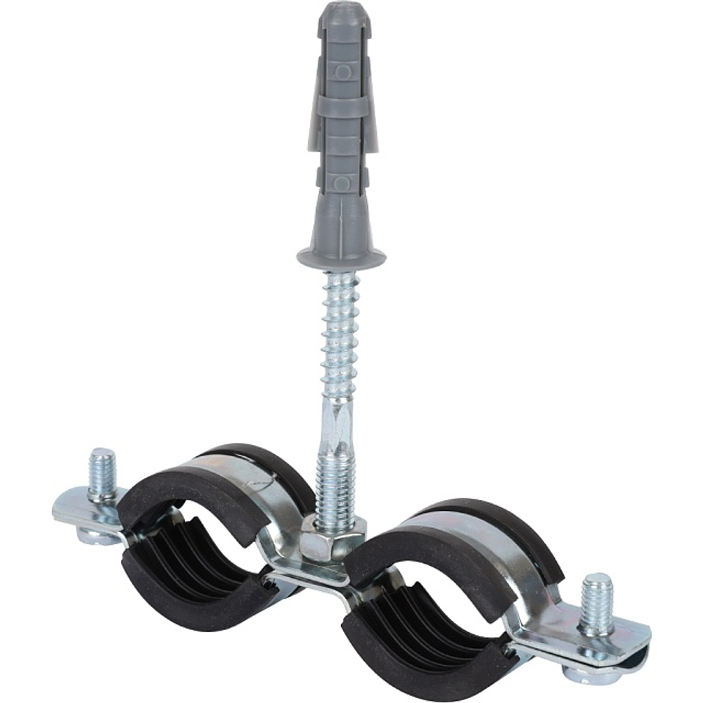 Хомут для труб двухвинтовой сдвоенный STOUT - 3/4" (25-29 мм, с шпилькой и дюбелем)