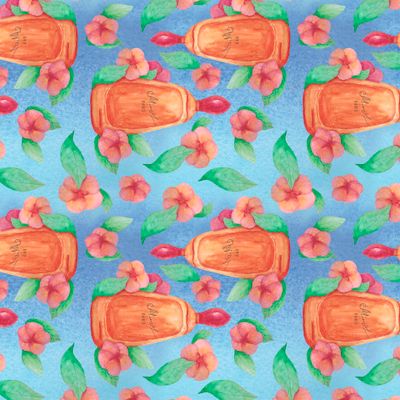 Духи и цветы на синем фоне