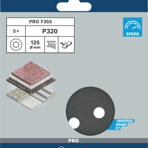 Шлифовальный диск PRO F355 125 мм G320, 5 шт. BOSCH 2608605120