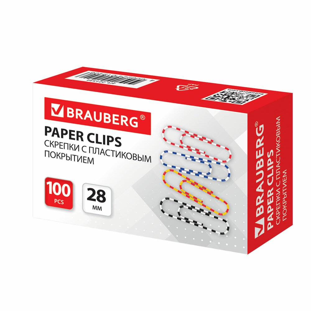Скрепки BRAUBERG 28 мм с цветными полосками 100 шт. в картонной коробке (10 штук в упаковке)