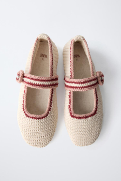 ZARA БАЛЕТКИ ИЗ КРУЖЕВА КРОШЕ, ЭКРЮ