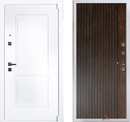 Входная белая металлическая дверь  Нео Вайт 24 Дуб антик, текстура дерева (фурнитура ХРОМ блестящий)