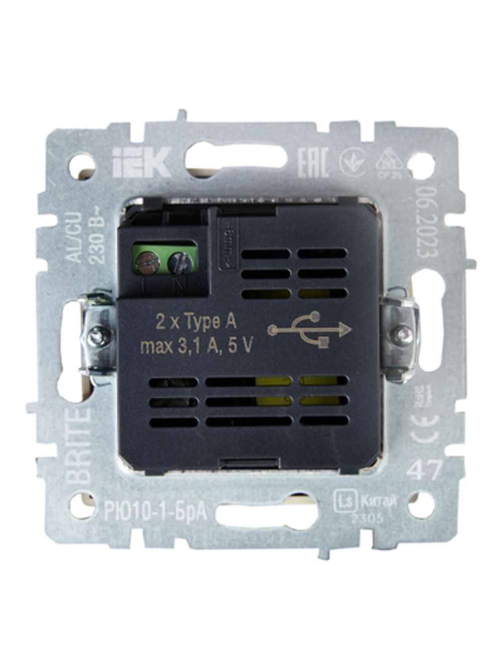 BRITE Розетка USB A+A 5В 3,1А РЮ10-1-БрА алюминий IEK
