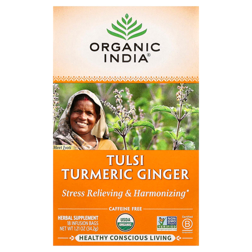 Organic India, чай тулси с куркумой и имбирем, без кофеина, 18 пакетиков для заваривания, 34,2 г (1,2 унции)