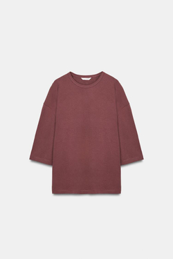 ZARA ФУТБОЛКА В СТИЛЕ РУСТИК С РУКАВАМИ ТРИ ЧЕТВЕРТИ, БАКЛАЖАННЫЙ