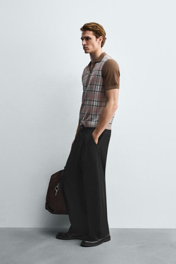 ZARA ТРИКОТАЖНОЕ ПОЛО В КЛЕТКУ С ПРИНТОМ, ТЕМНО-БЕЖЕВЫЙ