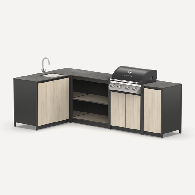Угловой барбекю комплекс Lounge F-107SG, 2.7x1.5 м, дуб сонома/черный мрамор