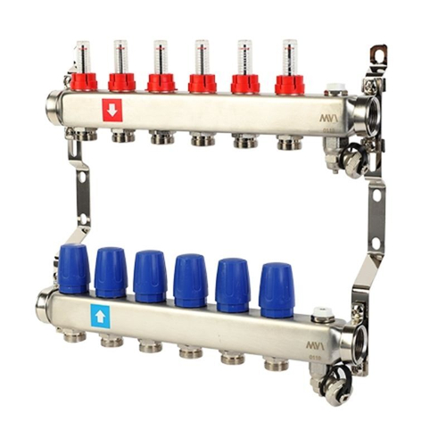 Блок коллекторный MVI из нержавеющей стали DN 25-6 выходов G 3/4, с расходомерами, с дренажным краном и воздухоотводчиком, евроконус, MS.706.06