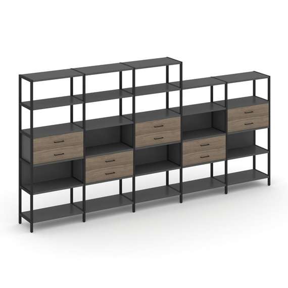 Shelf System Пятисекционный стеллаж пятиярусный с ящиками SN.STM-551 Антрацит/Вяз Благородный/Металл
