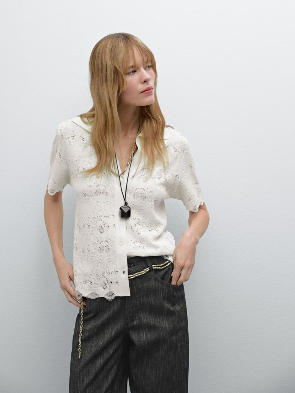 Massimo Dutti Кардиган из ажурного трикотажа с короткими рукавами, натуральный, кремовый