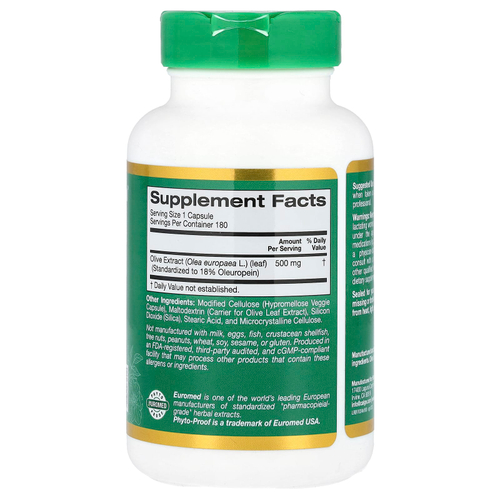 California Gold Nutrition, EuroHerbs™, экстракт листьев оливкового дерева, качество Euromed, 500 мг, 180 растительных капсул