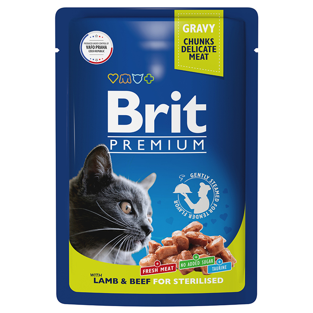 Brit Premium Пауч для взрослых стерил.кошек "Ягненок и Говядина" в соусе, 85г