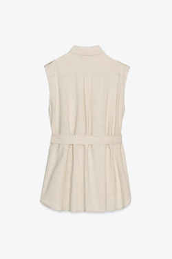 ZARA ДЛИННЫЙ ЖИЛЕТ С ПОЯСОМ ИЗ ЛЬНЯНОЙ ТКАНИ, СВЕТЛО-БЕЖЕВЫЙ