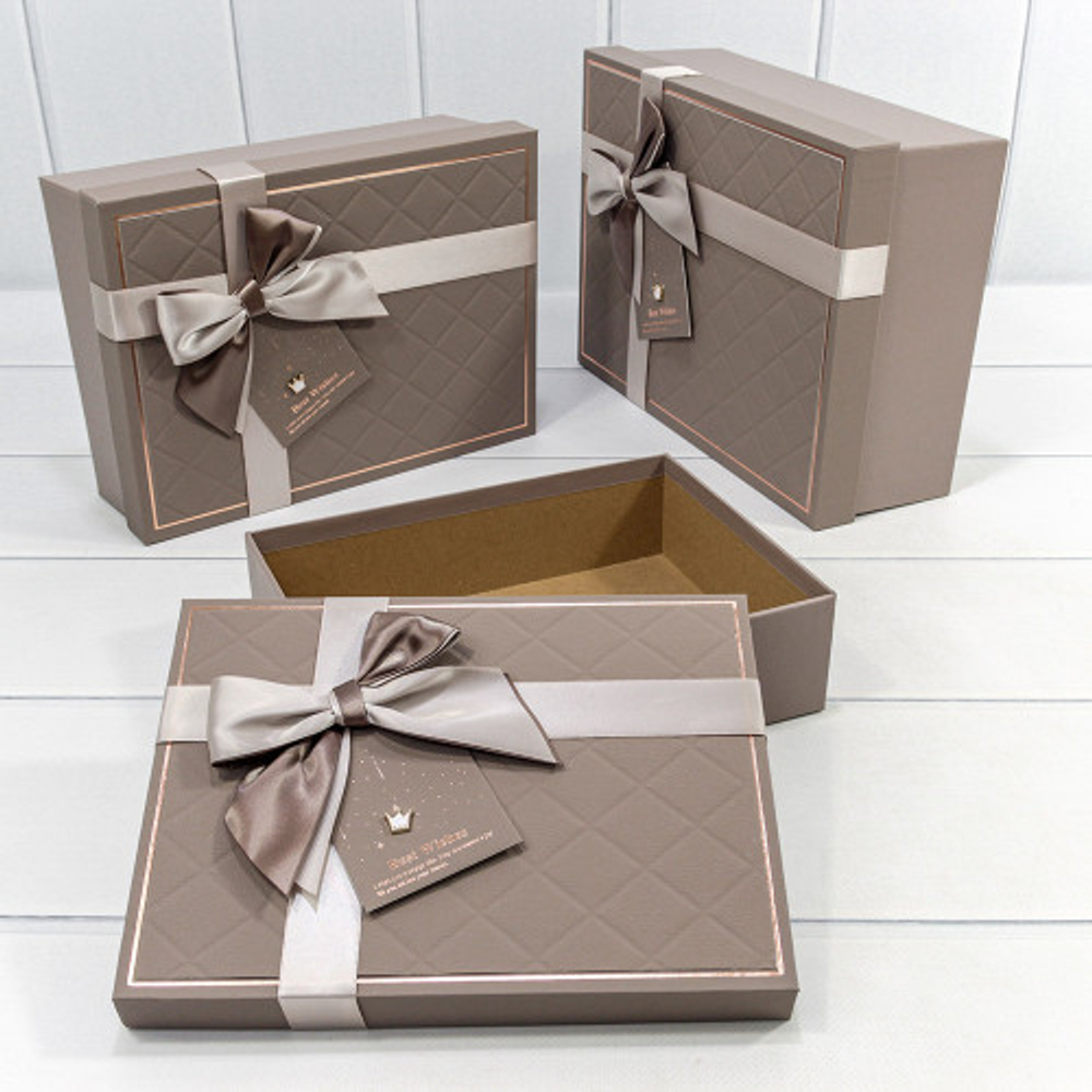 Коробка 29х21х9.5 см Набор 3 шт с двойным бантом и короной (Серый)